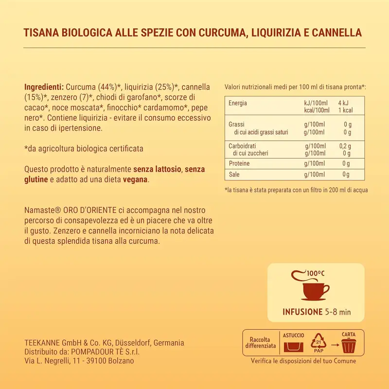 Namaste Pompadour Ceai Organic Ayurvedic din Ierburi Oro D'Oriente 15 x 2 g Bax 6 buc.